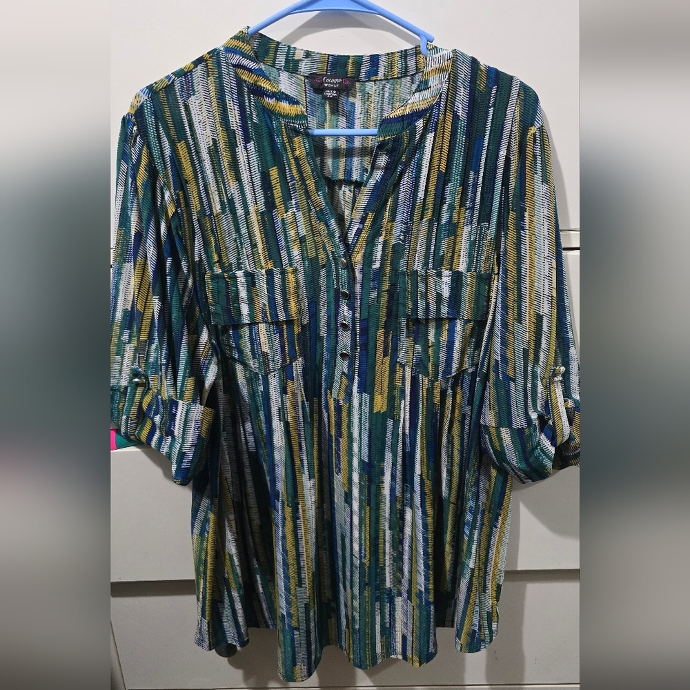 Cocomo Woman Striped Green and Blue Women's Top Tunic Blouse Camisa